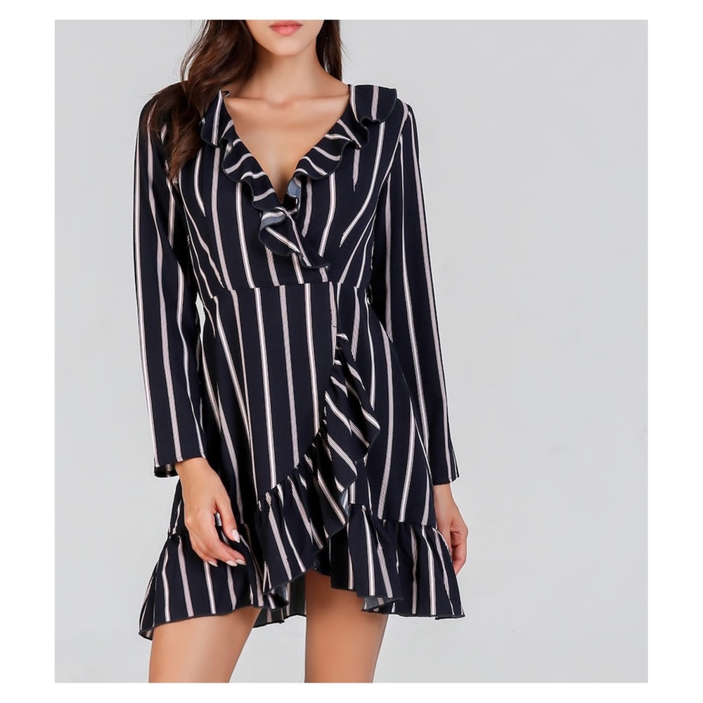 Blue Striped Fit and Flare Ruffle Wrap Dress - Picture 3 of 6